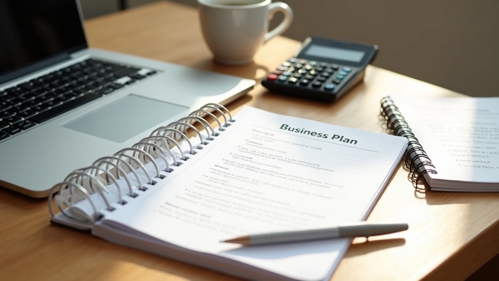 Work desk with a laptop, notepad, calculator, and a cup of coffee. Sunlight streams onto paperwork labeled 'Business Plan'.